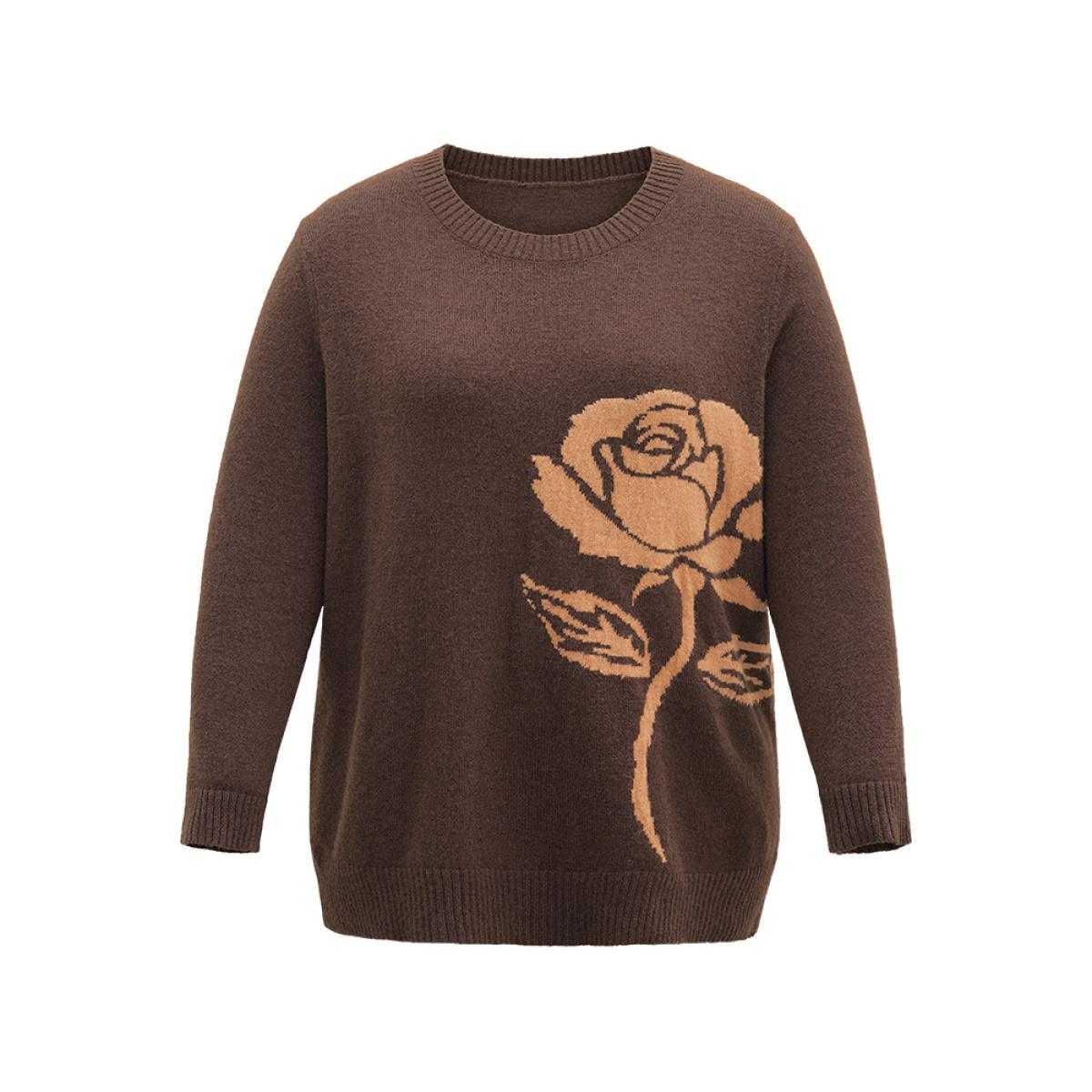 Plus Size Anti-Pilling Floral Graphic Crew Neck Pullover DarkBrown Women Casual Loose Long Sleeve Round Neck Dailywear Pullovers BloomChic 26/4X Product Image