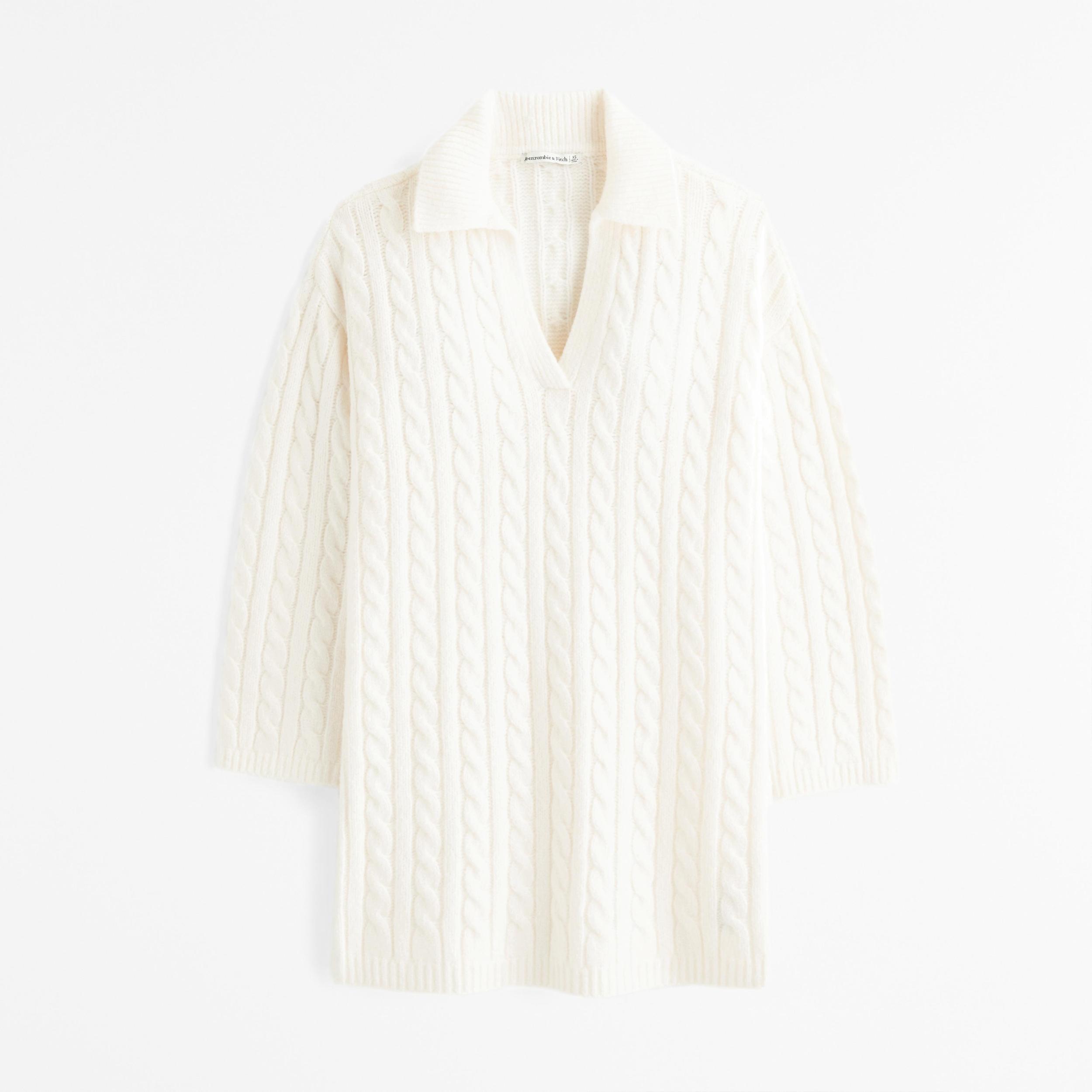 Long-Sleeve Collared Mini Sweater Dress Product Image
