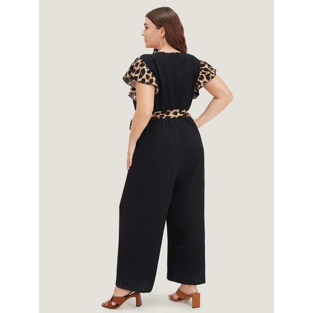 Plus Size DarkBlue Leopard Patchwork Pocket Belted Ruffle Sleeve Jumpsuit Women Office Sleeveless Round Neck Work Loose Jumpsuits BloomChic 26/4X Product Image
