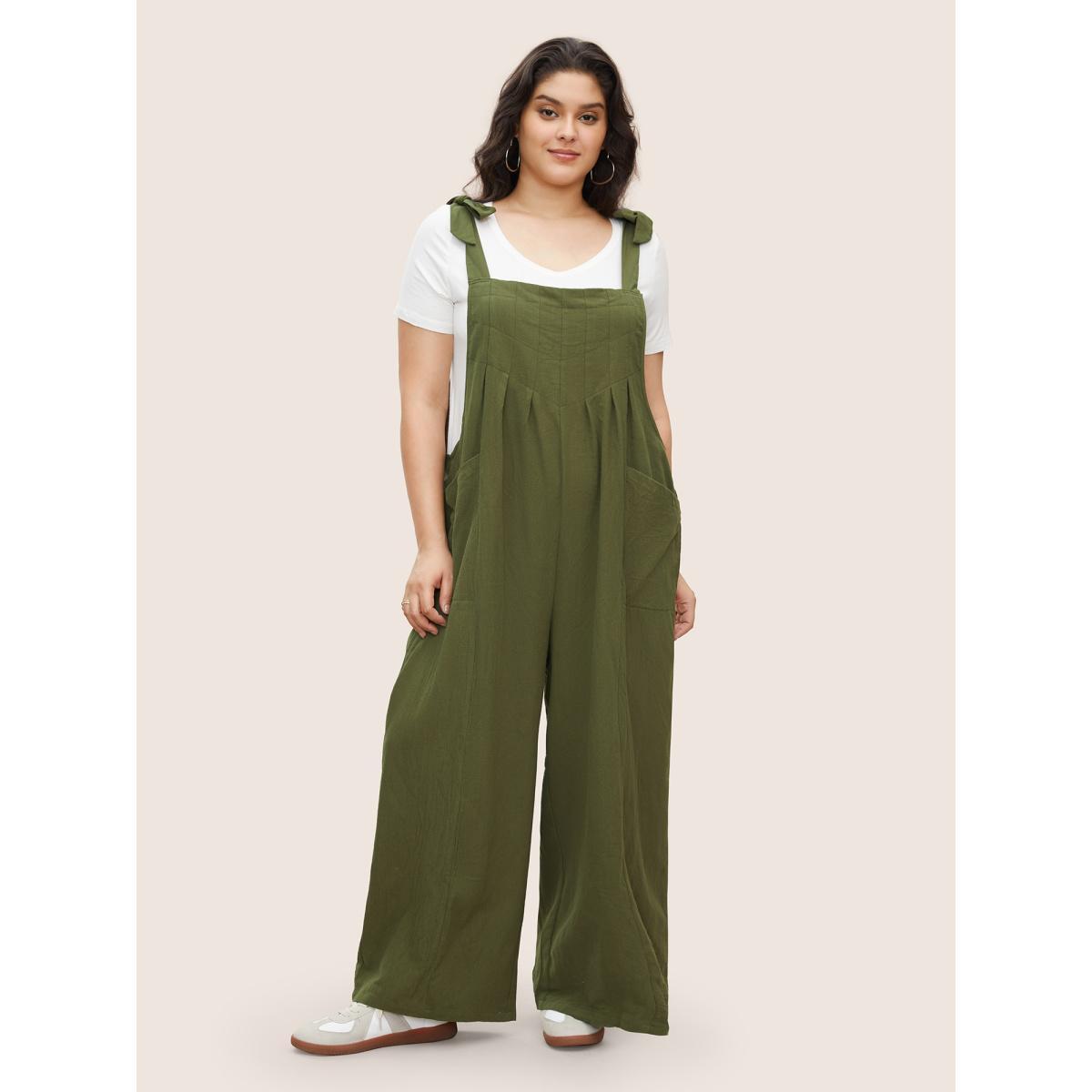 Plus Size ArmyGreen Solid Pleated Detail Pocket Knotted Shoulder Overall Jumpsuit Women Casual Sleeveless Non Everyday Loose Jumpsuits BloomChic 30/6X Product Image