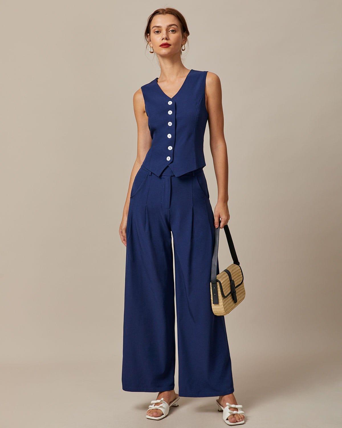 The Navy V Neck Button Up Sleeveless Vest Product Image