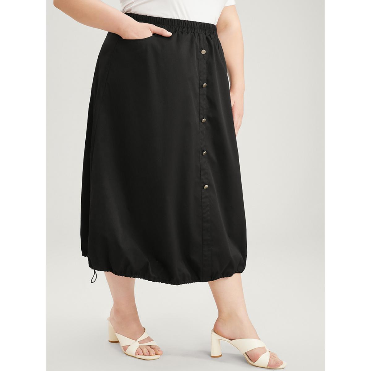 Plus Size Solid Pocket Button Detail Drawstring Hem Skirt Women Black Elegant Drawstring No stretch Pocket Dailywear Skirts BloomChic 26/4X Product Image
