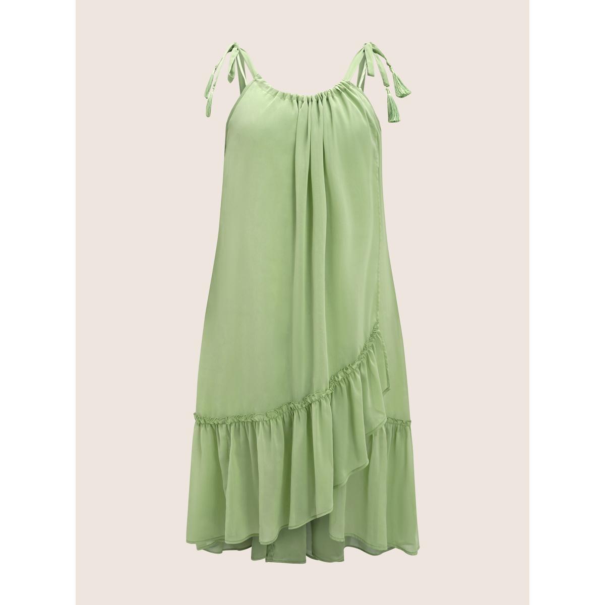 Plus Size Solid Ruffles Tie Knot Tassel Trim Mesh Dress Palemauve Women Resort Tie knot Non Sleeveless Curvy BloomChic 28/5X Product Image