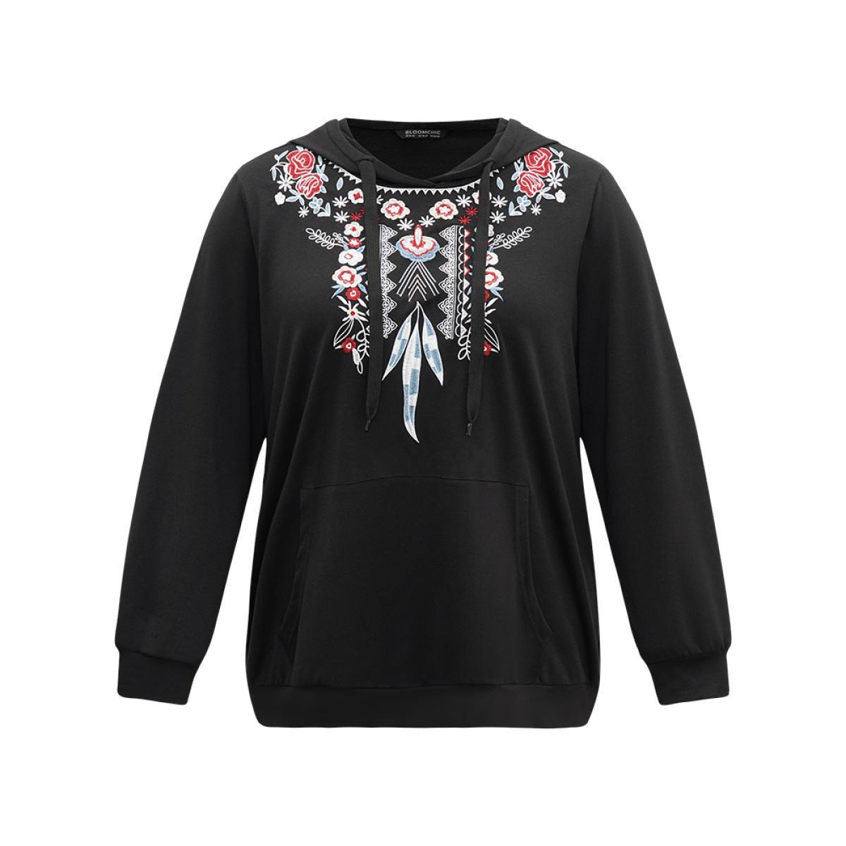 Plus Size Boho Embroidered Pocket Hooded Drawstring Sweatshirt Women Black Casual Embroidered Hooded Dailywear Sweatshirts BloomChic 22-24/3X Product Image