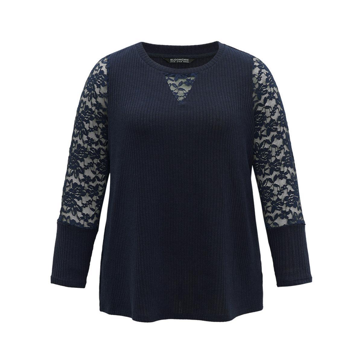 Plus Size Crochet Lace Mesh Crew Neck Sweatshirt Indigo Women Elegant Plain Plain Round Neck Dailywear T-shirts BloomChic 26/4X Product Image