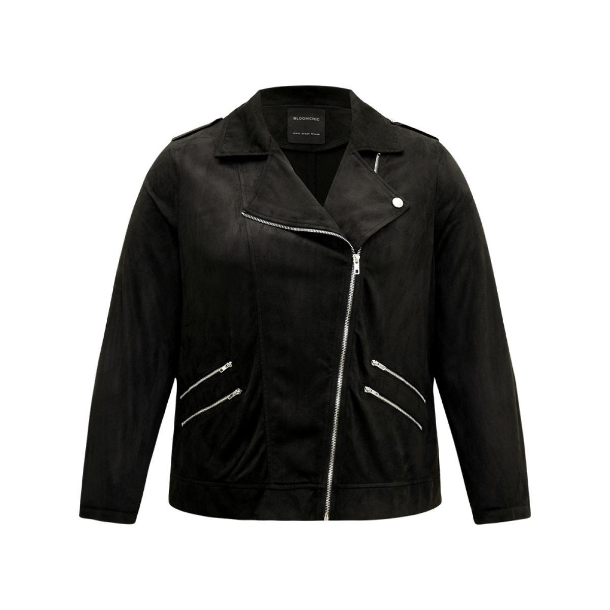 Plus Size Solid Lapel Collar Zipper Metal Detail Jacket Women Black Plain Dailywear Jackets BloomChic 10/M Product Image