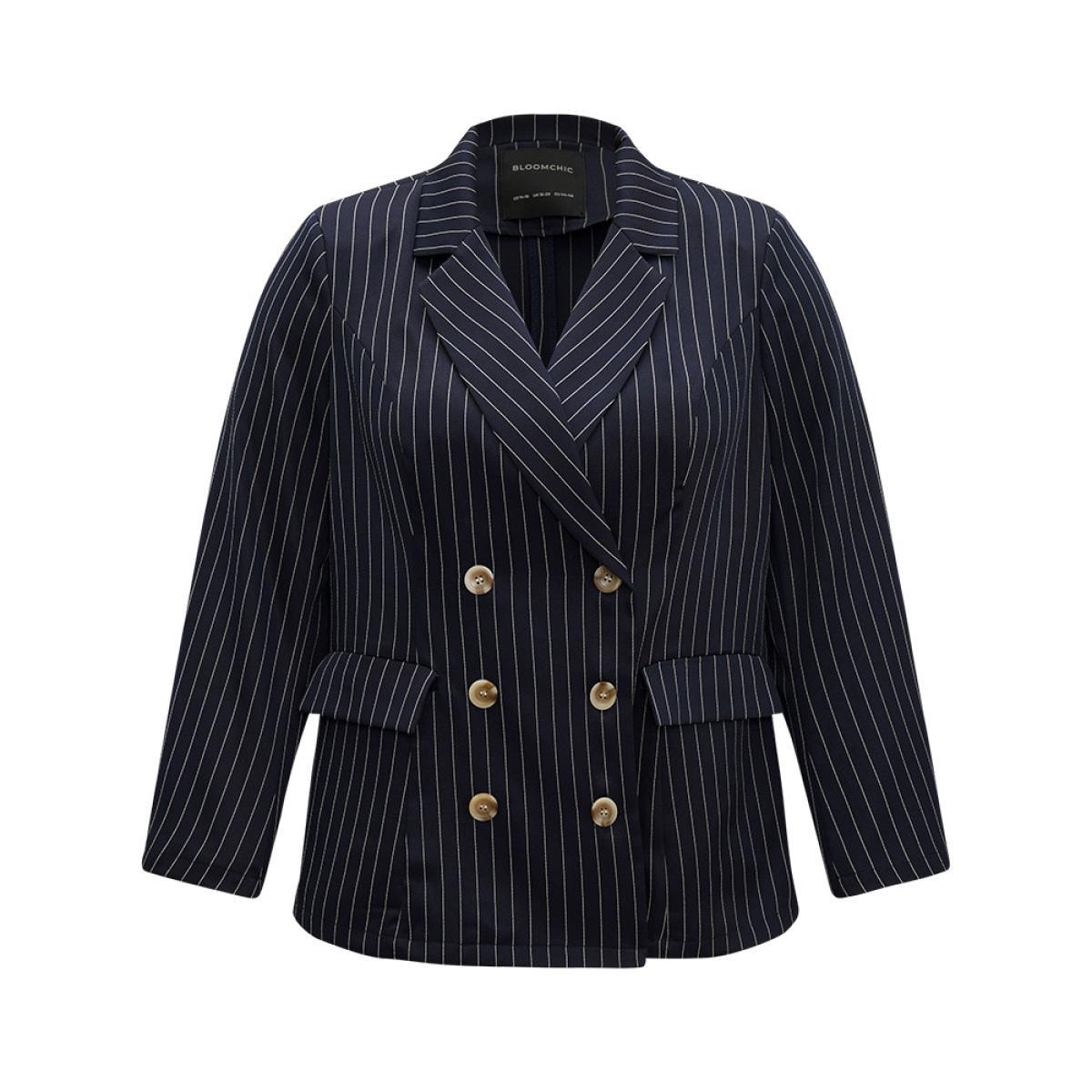 Plus Size Suit Collar Striped Double Breasted Blazer Blue Women Work Striped Button Sleeve Long Sleeve Suit Collar 12/L Pocket Office Blazers BloomChic Product Image