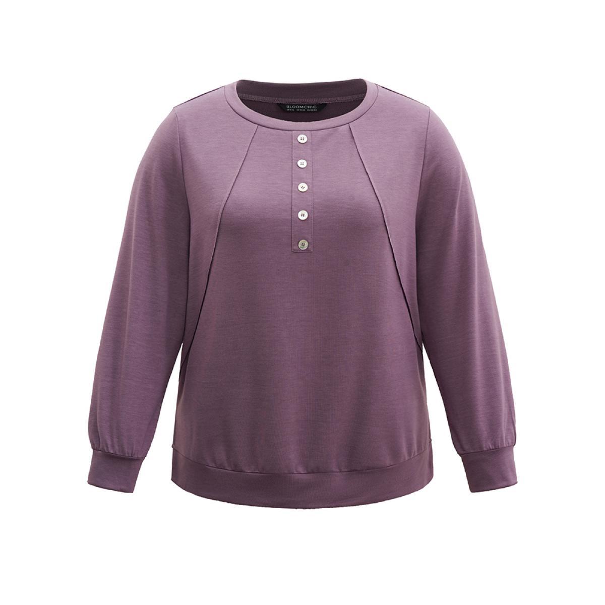 Plus Size Plain Button Detail Round Neck Knit Sweatshirt Women Mauve Casual Plain Round Neck Everyday Sweatshirts BloomChic 12/L Product Image