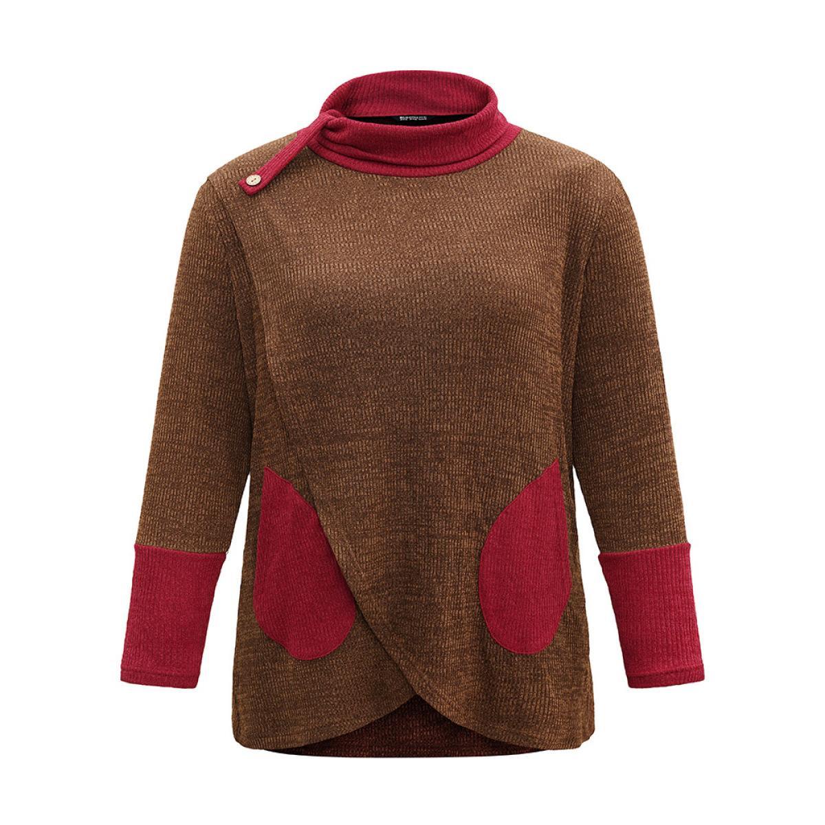 Plus Size Rib Knit Contrast Funnel Neck Patched Pocket Sweatshirt Women DarkBrown Casual Rib Knit Turtleneck Dailywear Sweatshirts BloomChic 18-20/2X Product Image