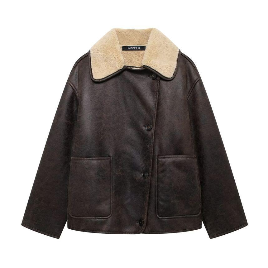 Plain Fluffy Trim Faux Leather Single-Breasted Jacket Product Image