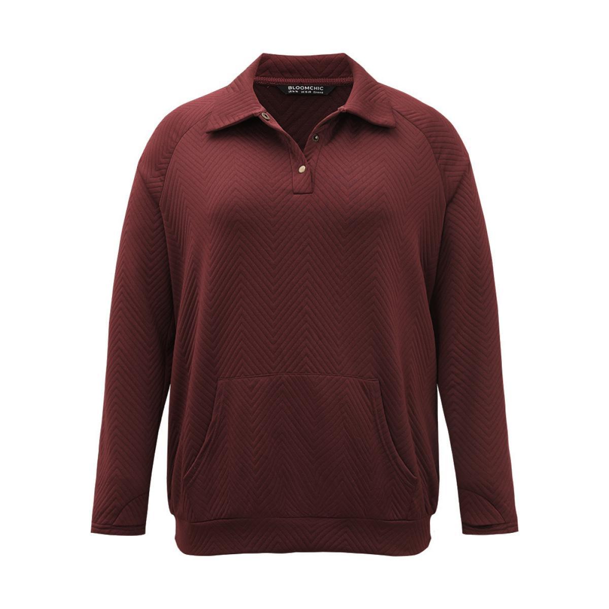 Plus Size Solid Plisse Pocket Button Up Sweatshirt Women Burgundy Casual Texture Polo Dailywear Sweatshirts BloomChic 18-20/2X Product Image