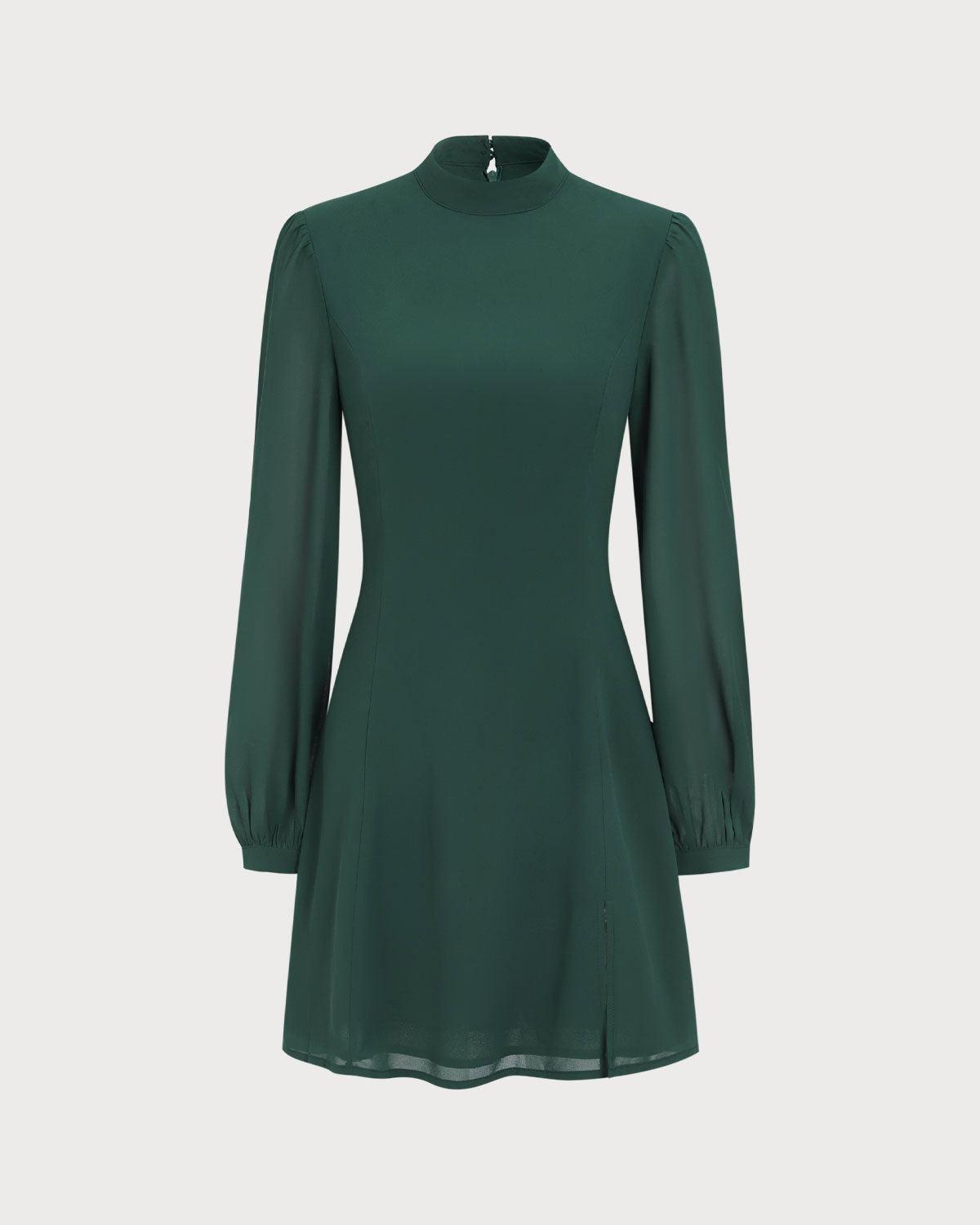 The Green Stand Collar Sheer Slit Mini Dress Product Image
