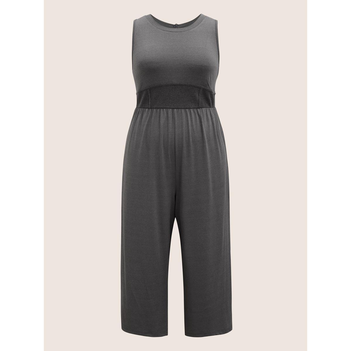 Plus Size DimGray Rib Knit Patchwork Wide Leg Jumpsuit Women Casual Short sleeve Round Neck Everyday Loose Jumpsuits BloomChic 18-20/2X Product Image
