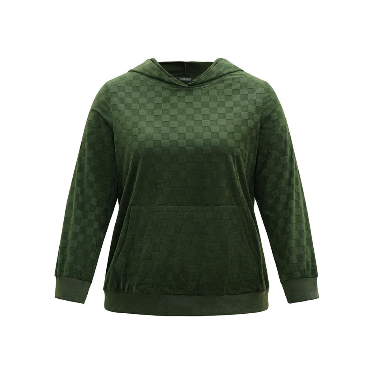 Plus Size Solid Velvet Checkered Hooded Pocket Sweatshirt Women Green Casual Texture Hooded Dailywear Sweatshirts BloomChic 28/5X Product Image