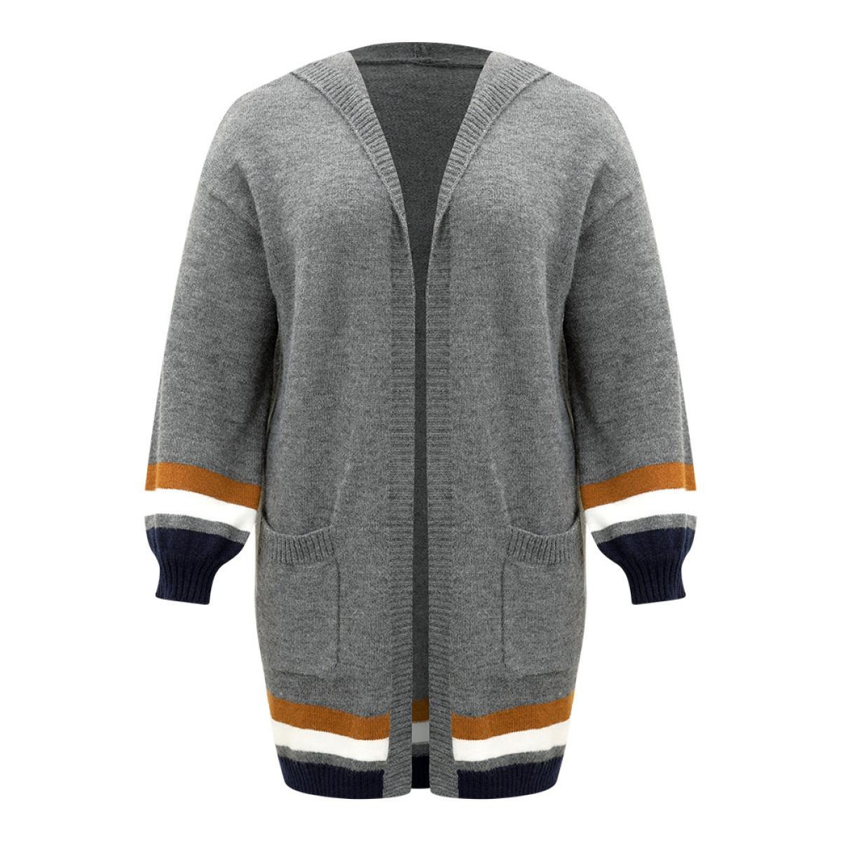 Plus Size Supersoft Essentials Striped Contrast Pocket Hooded Cardigan DimGray Women Casual Loose Long Sleeve Dailywear Cardigans BloomChic 18-20/2X Product Image