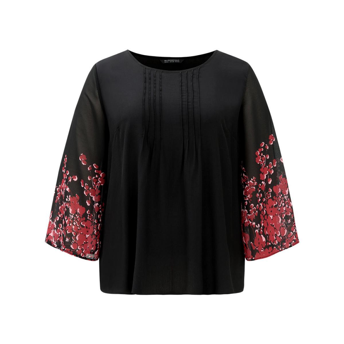 Plus Size Black Boho Print Pleated Mesh Ruffle Sleeve Blouse Women Vacation Long Sleeve Round Neck Dailywear Blouses BloomChic 18-20/2X Product Image