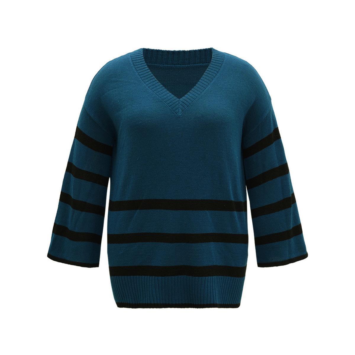 Plus Size Striped Bell Sleeve Moderately Stretchy Pullover Burgundy Women Casual Loose Long Sleeve V-neck Dailywear Pullovers BloomChic 18-20/2X Product Image