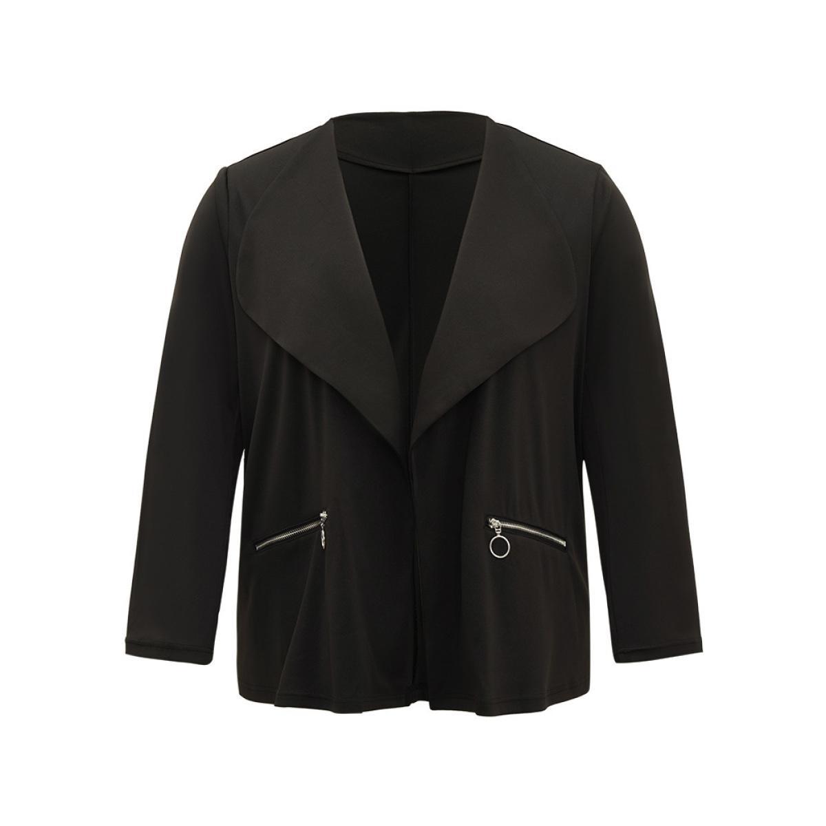 Plus Size Lapel Collar Zipper Pocket Blazer Black Women Dailywear Zipper Sleeve Long Sleeve Non 18-20/2X Pocket Casual Blazers BloomChic Product Image