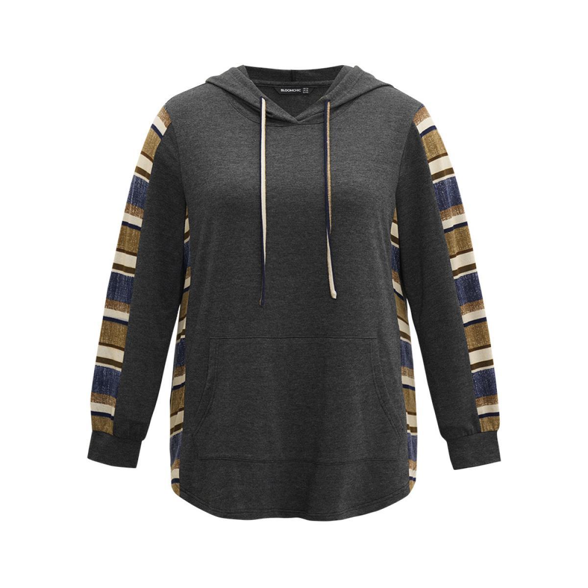 Plus Size Contrast Striped Hooded Ties Pocket Sweatshirt Women DimGray Casual Contrast Hooded Dailywear Sweatshirts BloomChic 22-24/3X Product Image