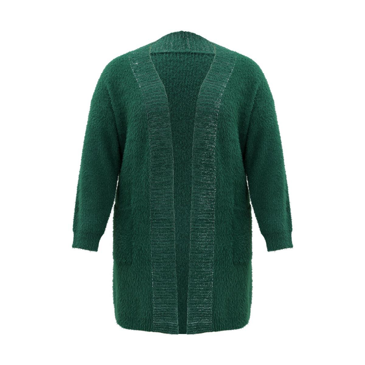 Plus Size Lurex Fuzzy Patched Pocket Tunic Cardigan DarkGreen Women Casual Loose Long Sleeve Dailywear Cardigans BloomChic 26/4X Product Image