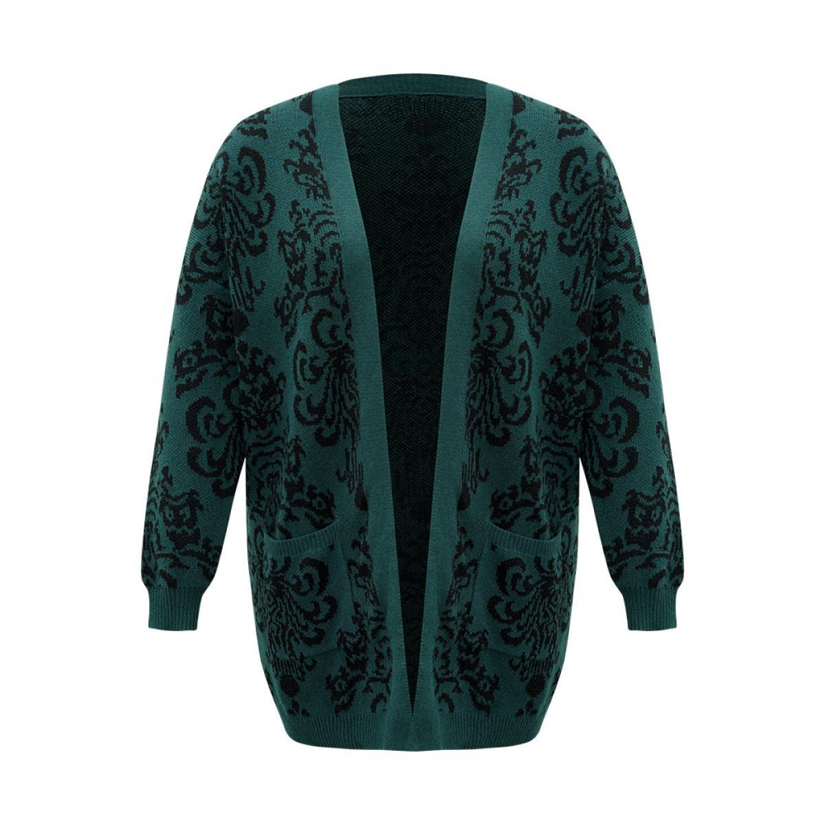 Plus Size Supersoft Essentials Floral Pocket Contrast Cardigan DarkGreen Women Casual Loose Long Sleeve Dailywear Cardigans BloomChic 30/6X Product Image