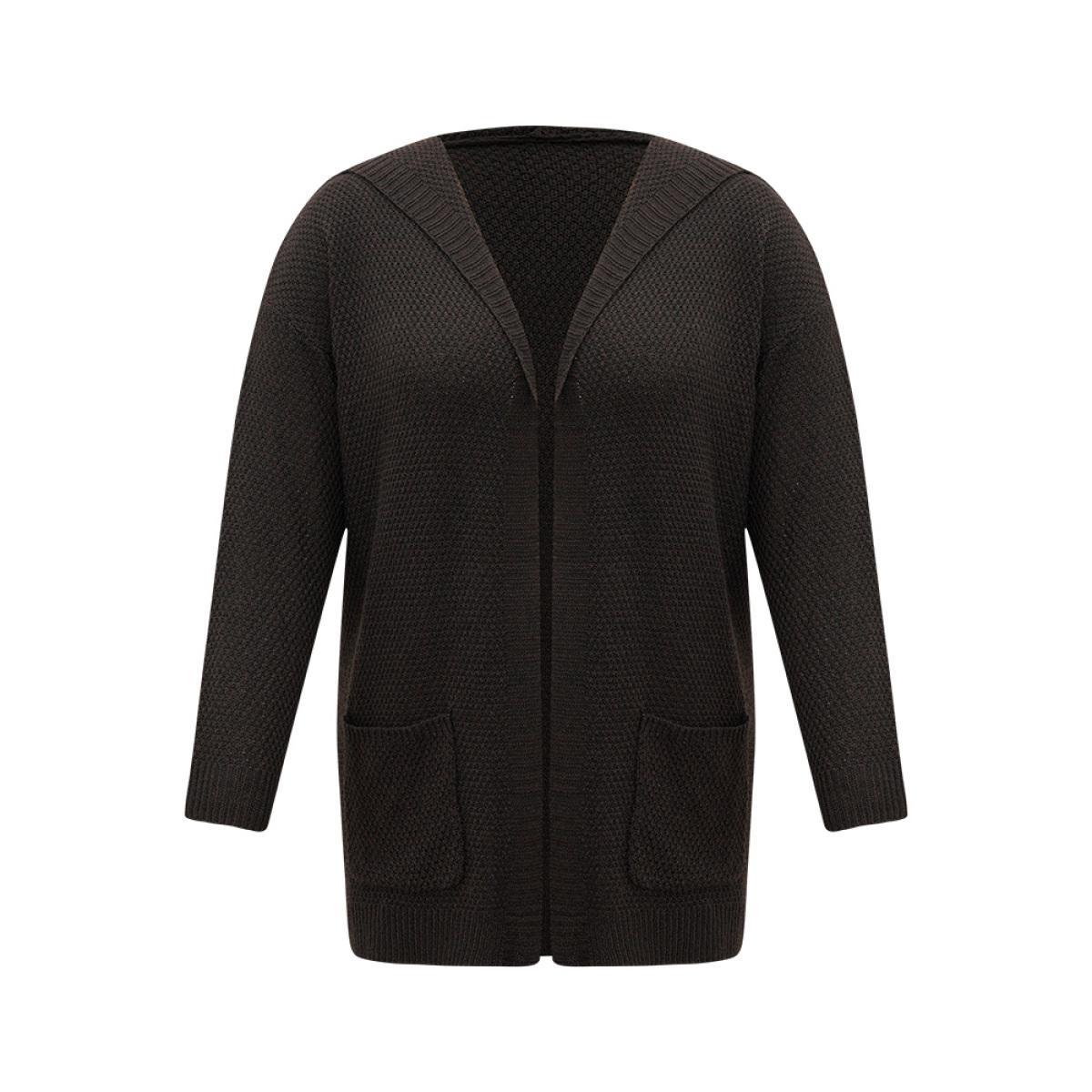 Plus Size Plain Hooded Pocket Open Front Cardigan DarkBrown Women Casual Loose Long Sleeve Dailywear Cardigans BloomChic 28/5X Product Image
