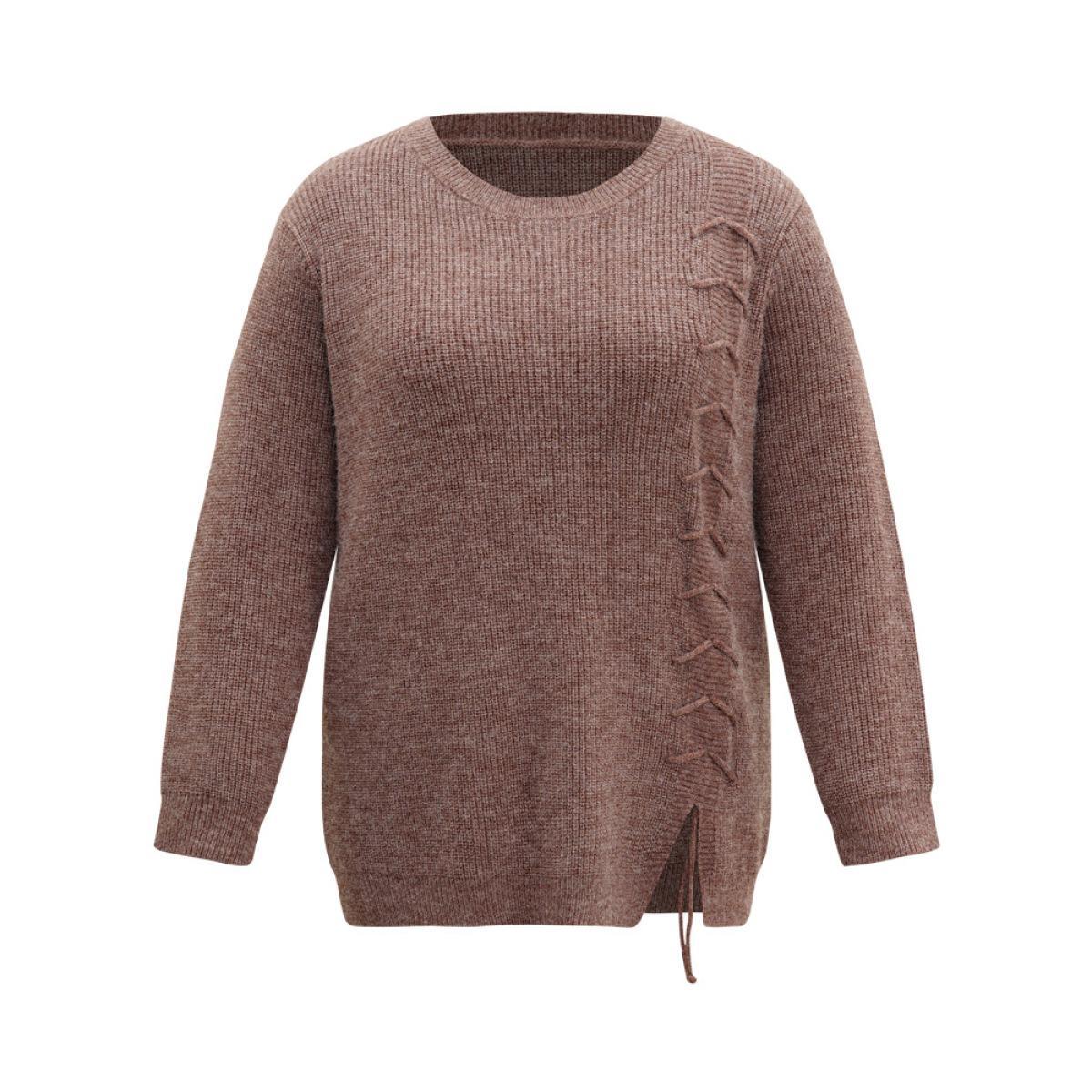 Plus Size Supersoft Essentials Heather Drawstring Ties Pullover DarkBrown Women Casual Loose Long Sleeve Round Neck Dailywear Pullovers BloomChic 18-20/2X Product Image