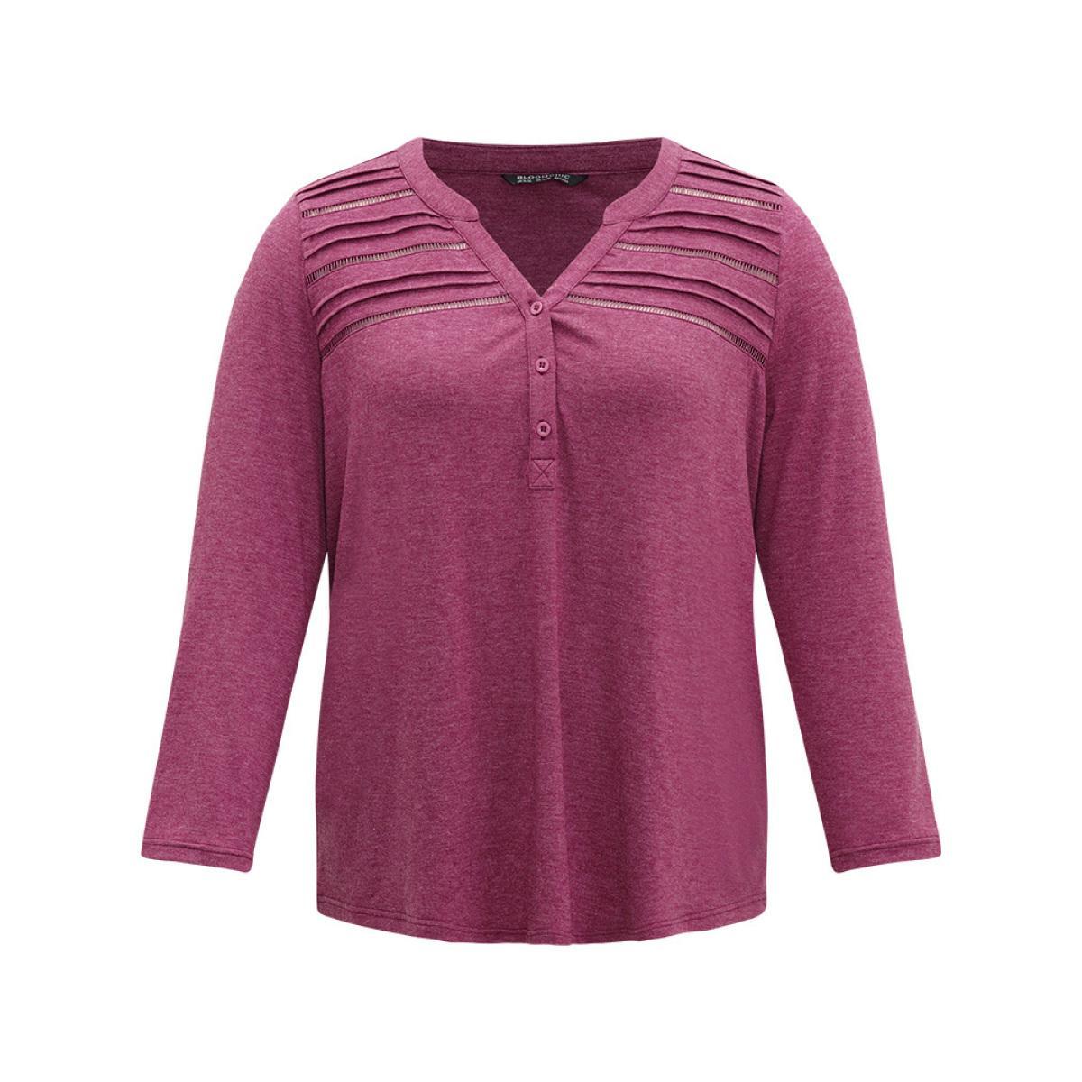 Plus Size Notched Pleated Button Up T-shirt RedViolet Women Casual Plain Plain Notched collar Dailywear T-shirts BloomChic 26/4X Product Image