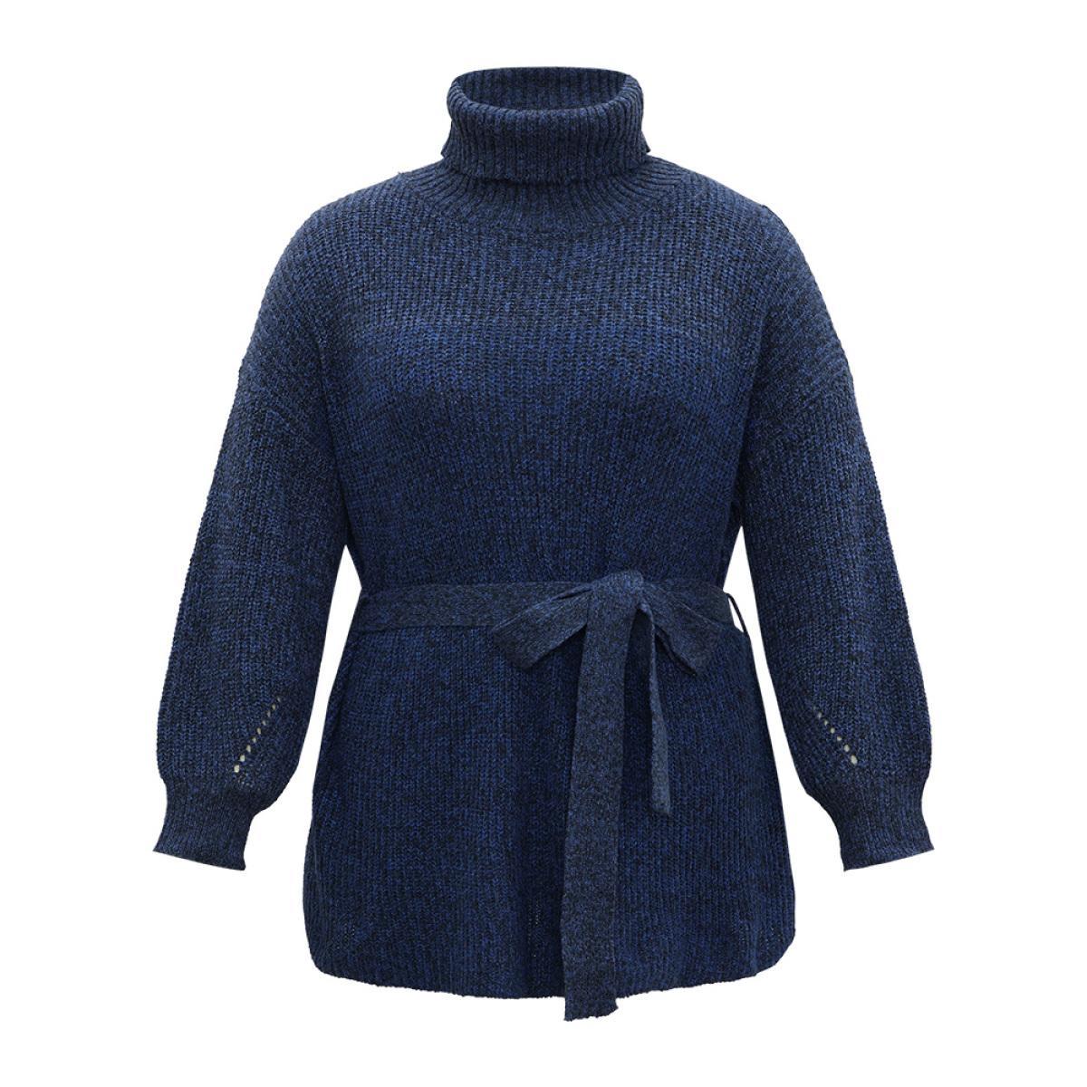 Plus Size Turtle Neck Belted Drop Shoulder Pullover Navy Women Casual Loose Long Sleeve Lapel Collar Dailywear Pullovers BloomChic 12/L Product Image