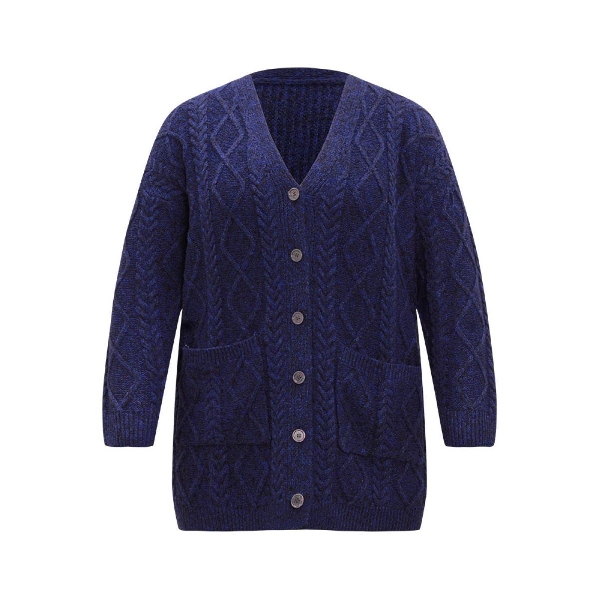 Plus Size Plain Geometric Texture Button Up Cable Knit Cardigan Midnight Women Casual Loose Long Sleeve Dailywear Cardigans BloomChic 12/L Product Image