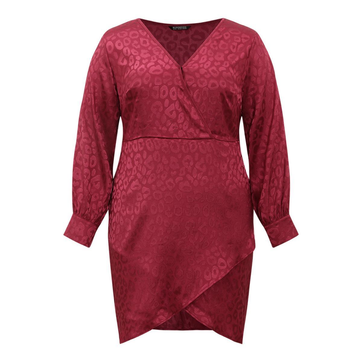 Plus Size Solid V Neck Gathered Wrap Hem Dress Scarlet Women Party Plain V-neck Long Sleeve Curvy Knee Dress BloomChic 22-24/3X Product Image