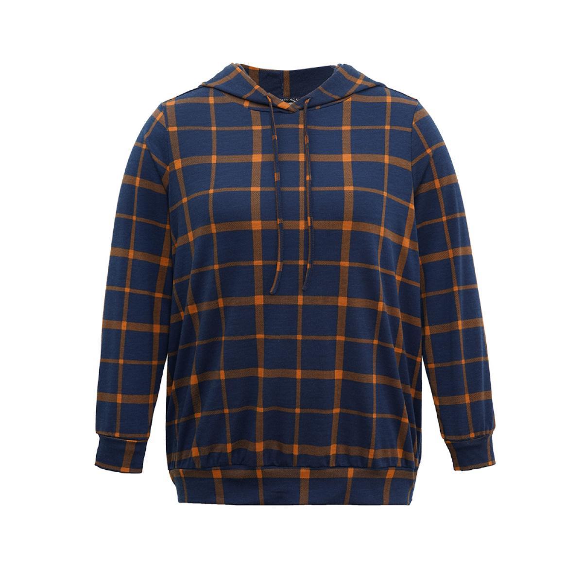 Plus Size Contrast Plaid Hooded Drawstring Sweatshirt Women DarkBlue Casual Contrast Hooded Dailywear Sweatshirts BloomChic 10/M Product Image