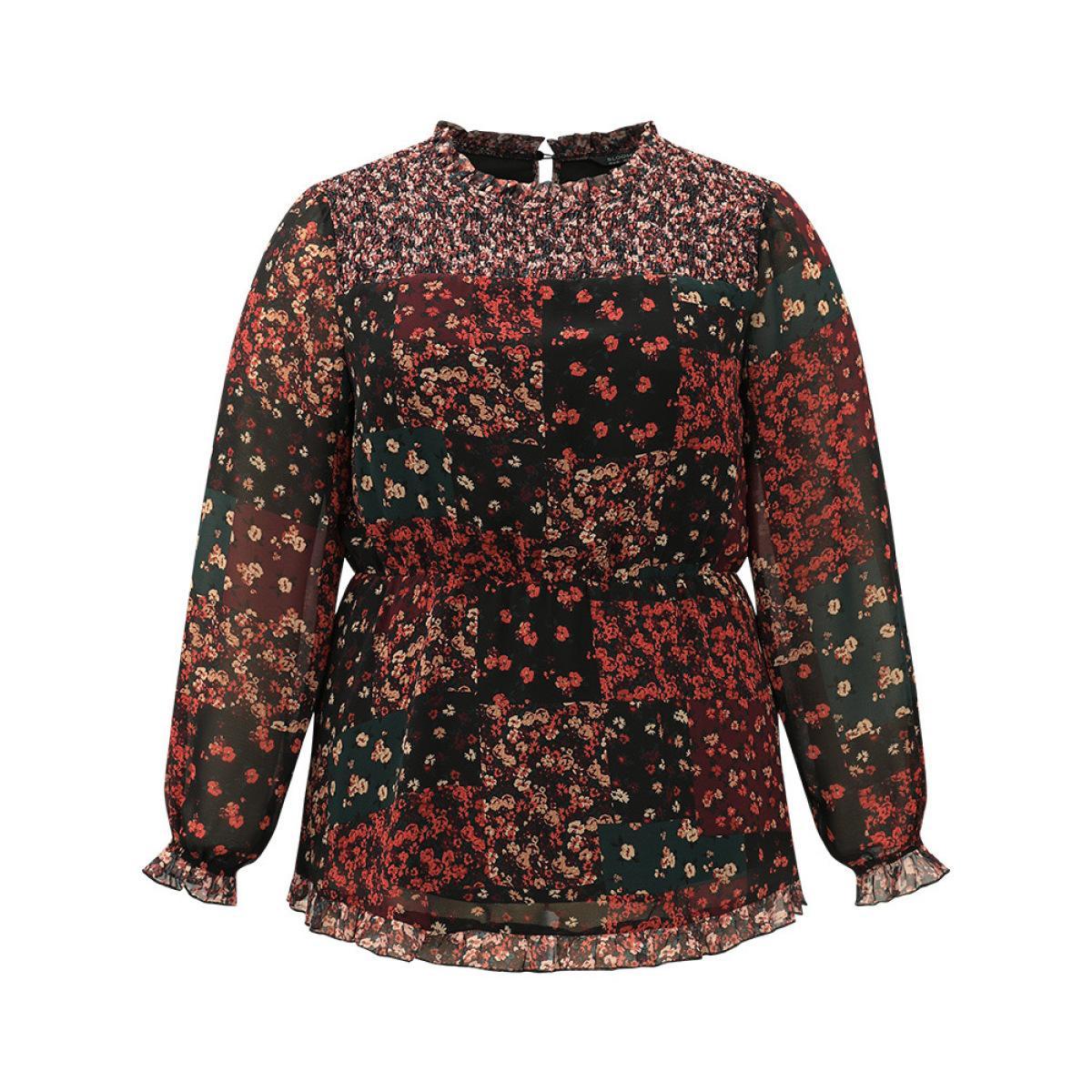 Plus Size BlackFlower Ditsy Floral Shirred Patchwork Frill Trim Gathered Blouse Women Elegant Long Sleeve Stand-up collar Everyday Blouses BloomChic 26/4X Product Image