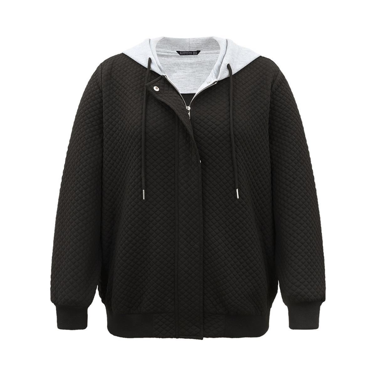 Plus Size Contrast Hooded Drawstring Pocket Zipper Fly Coat Women Black Rib Knit Pocket Dailywear Jackets BloomChic 28/5X Product Image