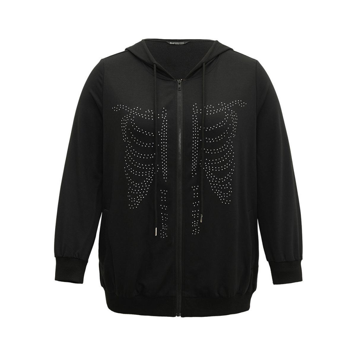 Plus Size Halloween Print Rhinestone Drawstring Hooded Zipper Sweatshirt Women Black Casual Rhinestone detailing Hooded Festival-Halloween Sweatshirts BloomChic 14-16/1X Product Image