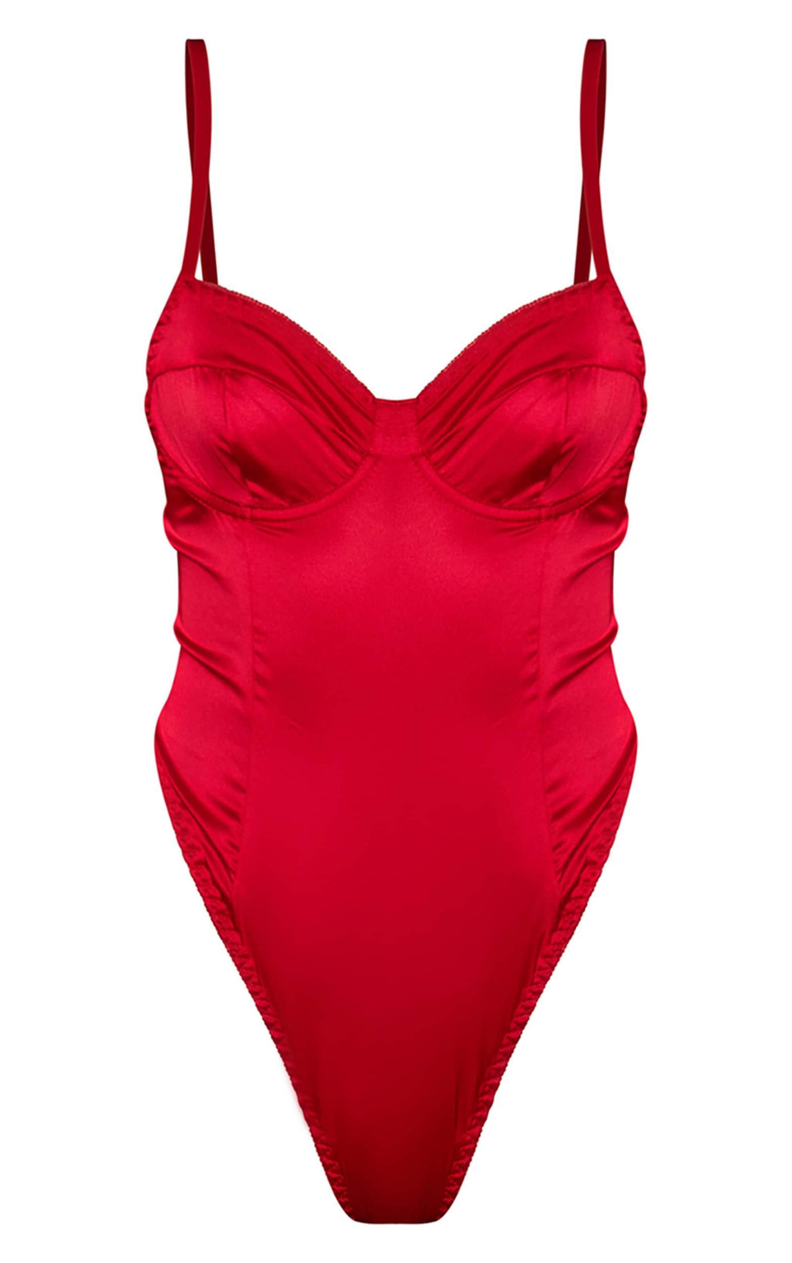Red Satin Underwired Lingerie Bodysuit Product Image