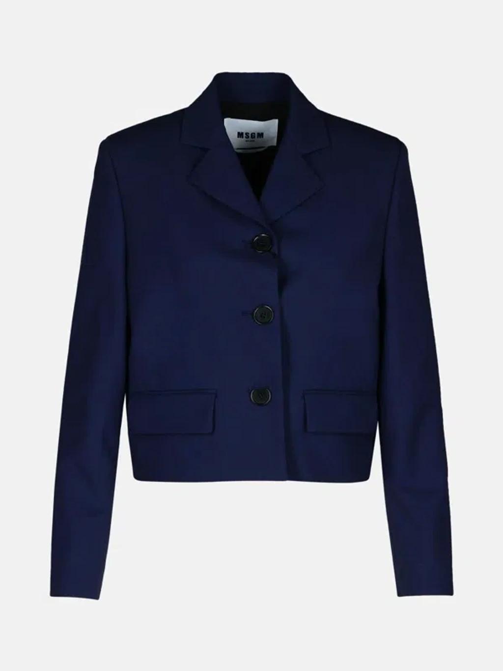MSGM Wool Crop Blazer Buttoned Cuffs In Navy Product Image