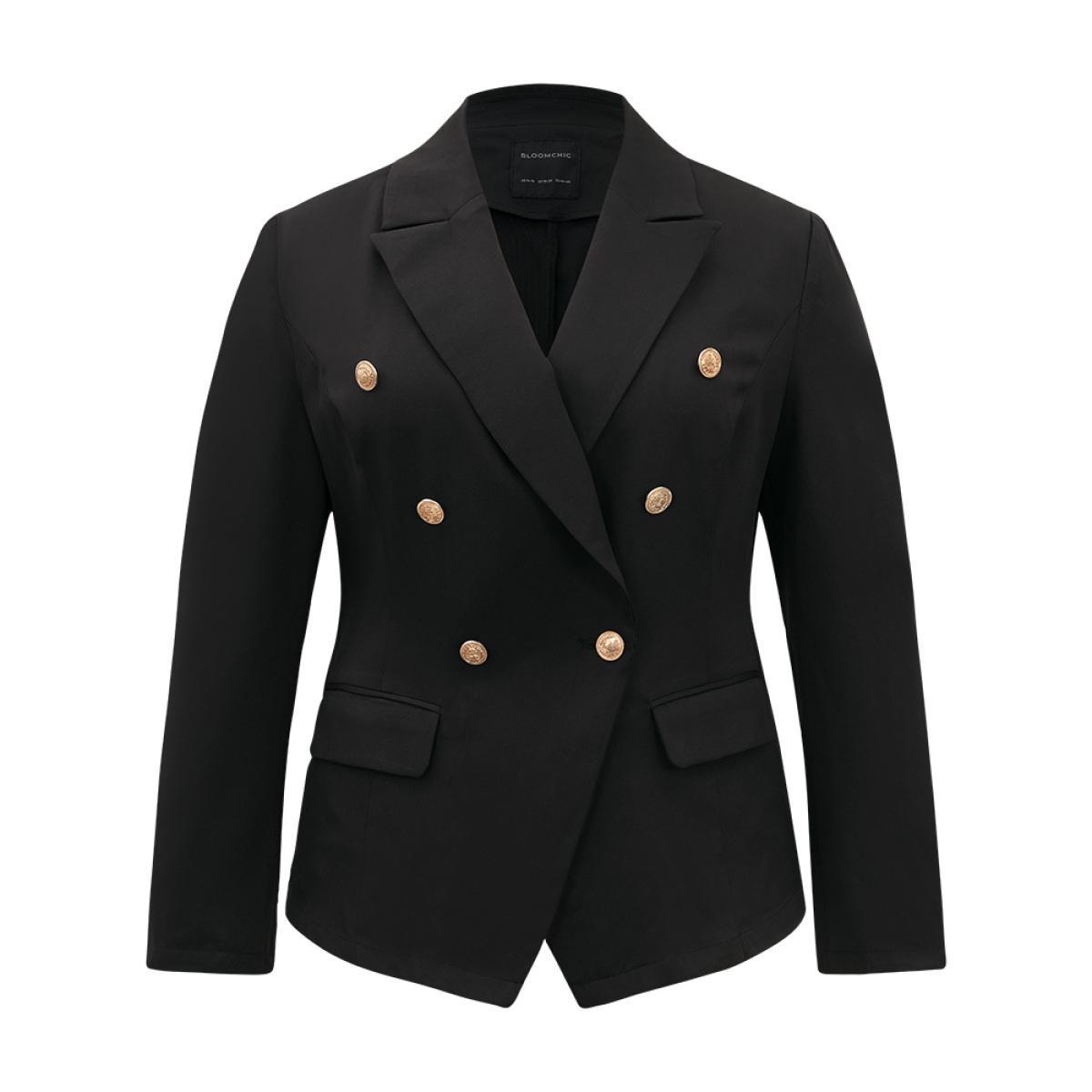 Plus Size Suit Collar Buckle Detail Pocket Blazer Black Women Work Plain Plain Sleeve Long Sleeve Suit Collar 30/6X Pocket Workwear Essentials Blazers BloomChic Product Image