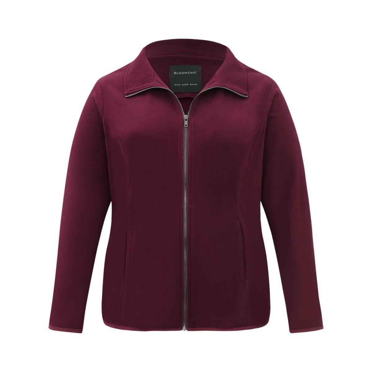 Plus Size Plain Zipper Fly Lapel Collar Jacket Women Burgundy Plain Pocket Dailywear Jackets BloomChic 28/5X Product Image