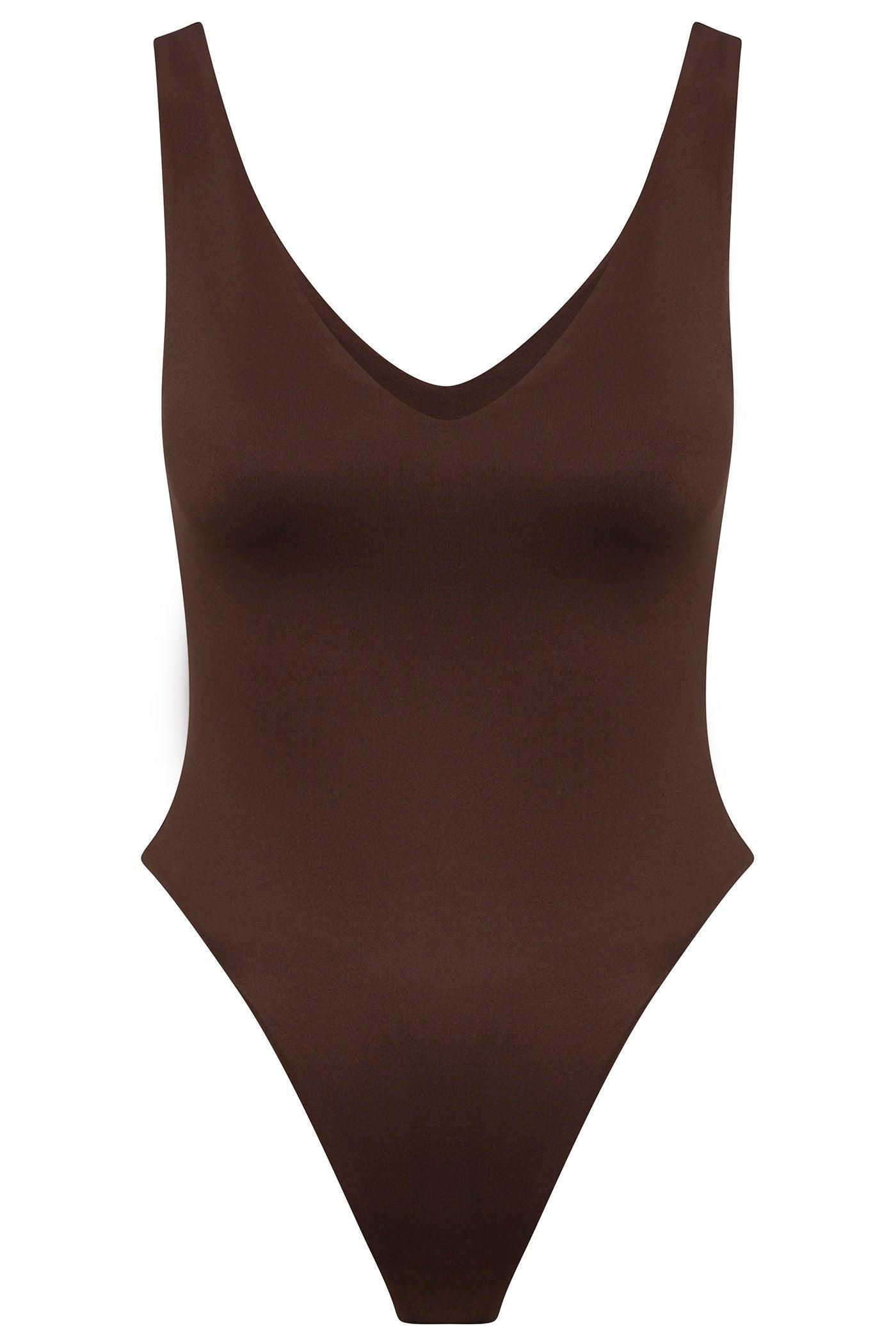 Contour Double Lined V Neck Bodysuit - Chocolate Product Image