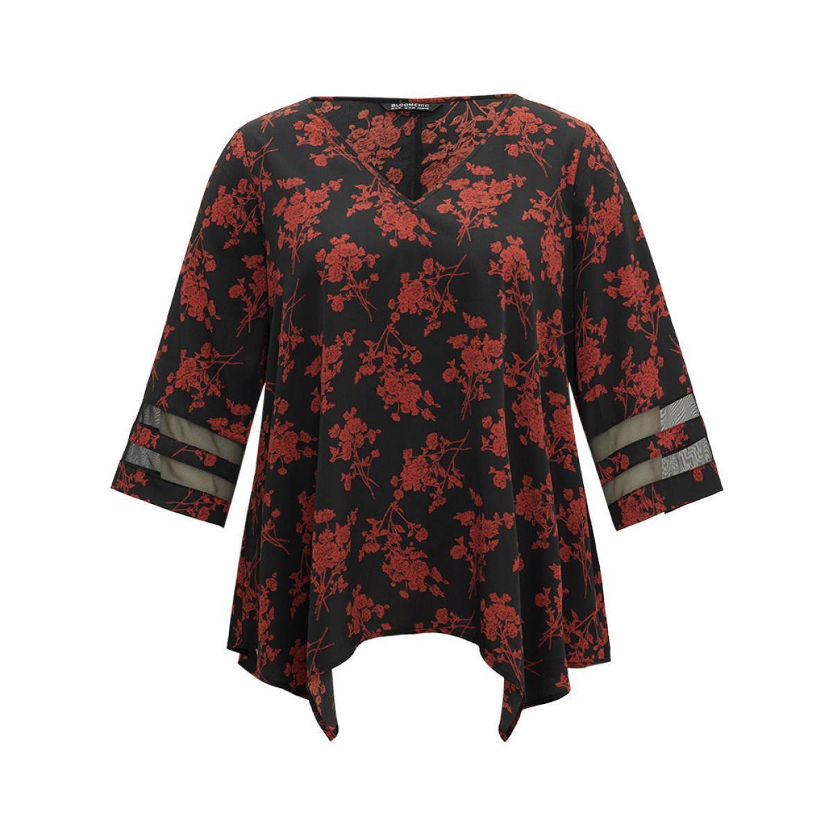 Plus Size Red Silhouette Floral Print Patchwork Mesh Hanky Hem Blouse Women Elegant Elbow-length sleeve V-neck Everyday Blouses BloomChic 18-20/2X Product Image