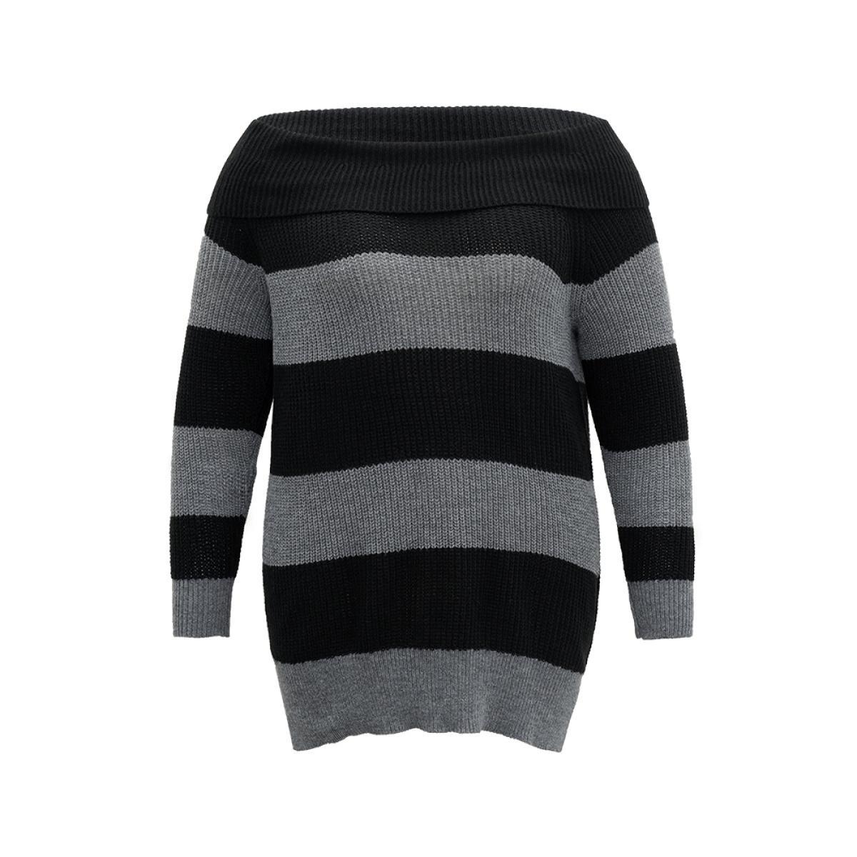 Plus Size Colorblock Drop Shoulder Lapel Collar Pullover Black Women Casual Loose Long Sleeve Lapel Collar Festival-Halloween Pullovers BloomChic 30/6X Product Image