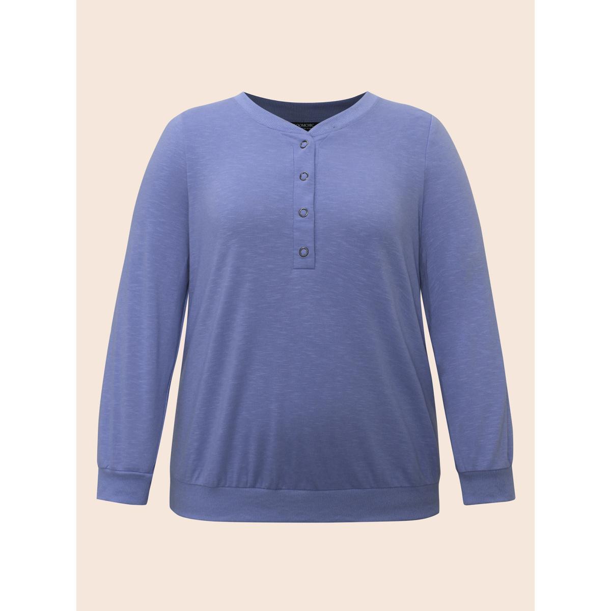 Plus Size Plain Notched Collar Button Up Sweatshirt Women Bluepurple Casual Patchwork Notched collar Everyday Sweatshirts BloomChic 28/5X Product Image