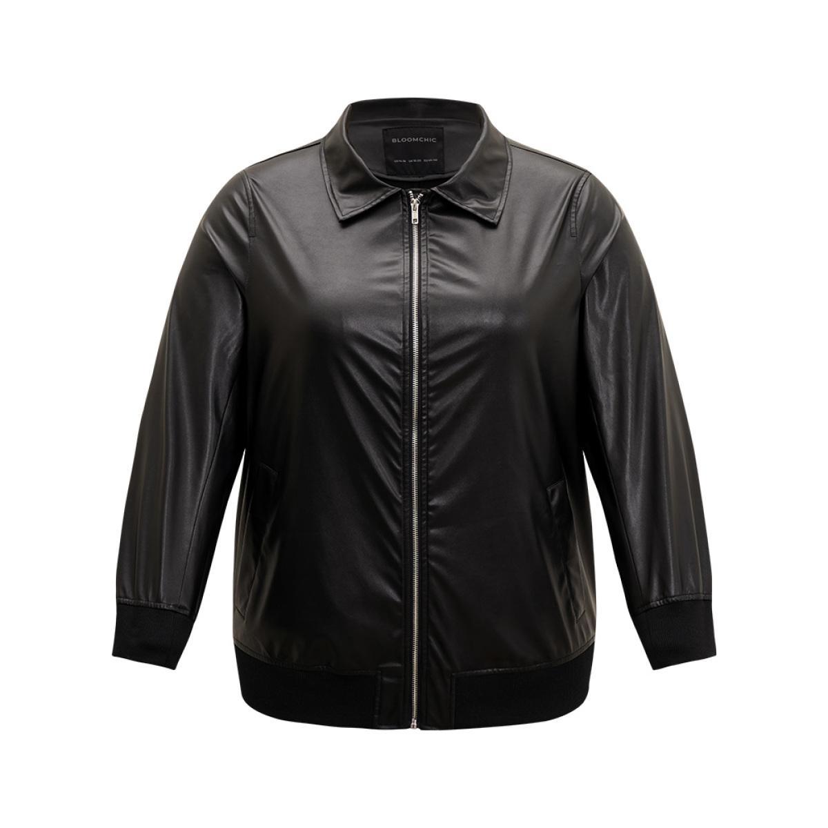 Plus Size Plain Zipper Fly Rib Knit Patchwork Jacket Women Black Elastic cuffs Pocket Dailywear Jackets BloomChic 30/6X Product Image