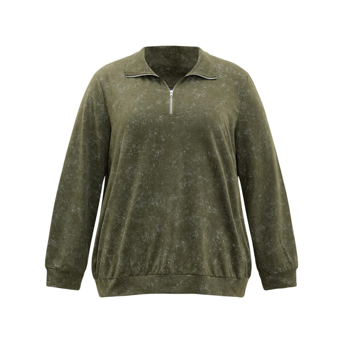 Plus Size Lapel Collar Zipper Elastic Hem Sweatshirt Women ArmyGreen Casual Elastic cuffs Lapel Collar Dailywear Sweatshirts BloomChic 12/L Product Image