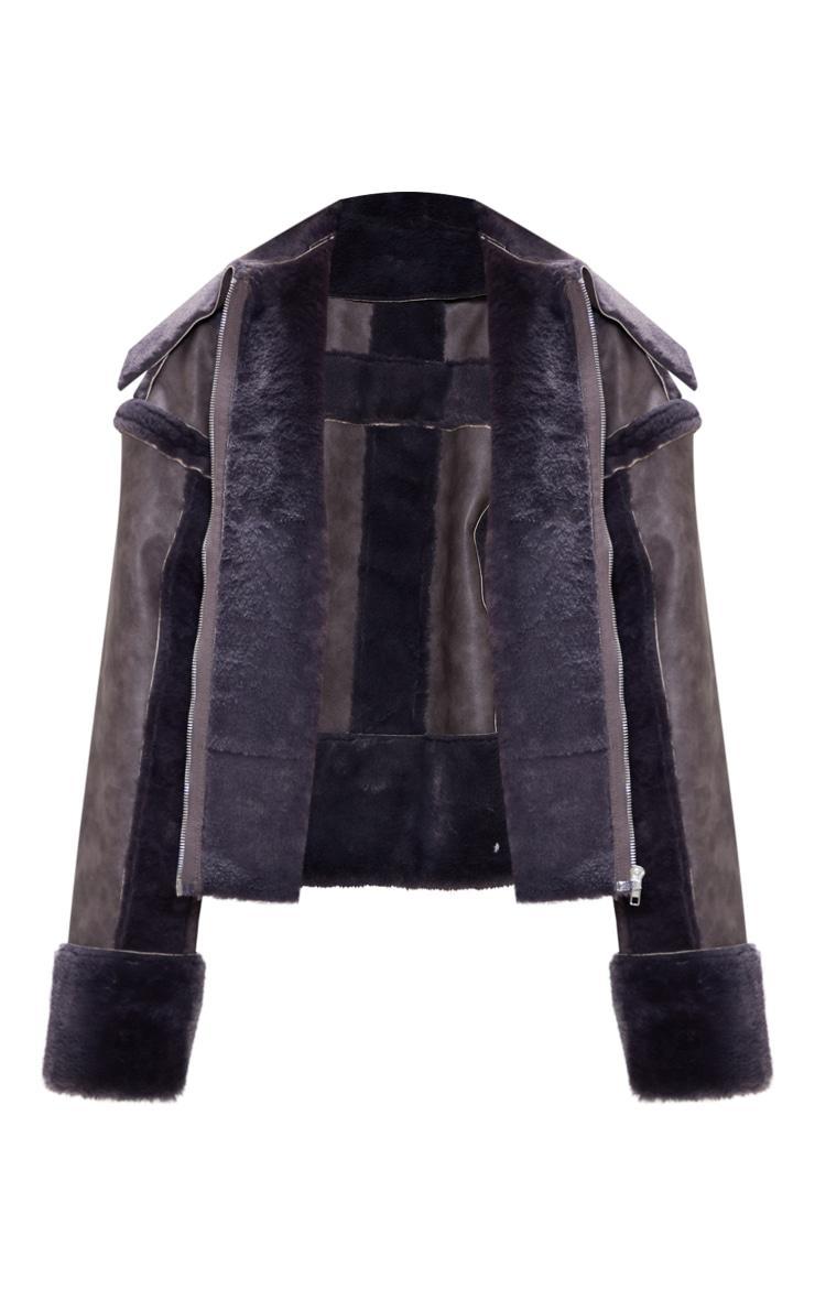 Petite Grey Distressed PU & Fur Contrast Jacket Product Image