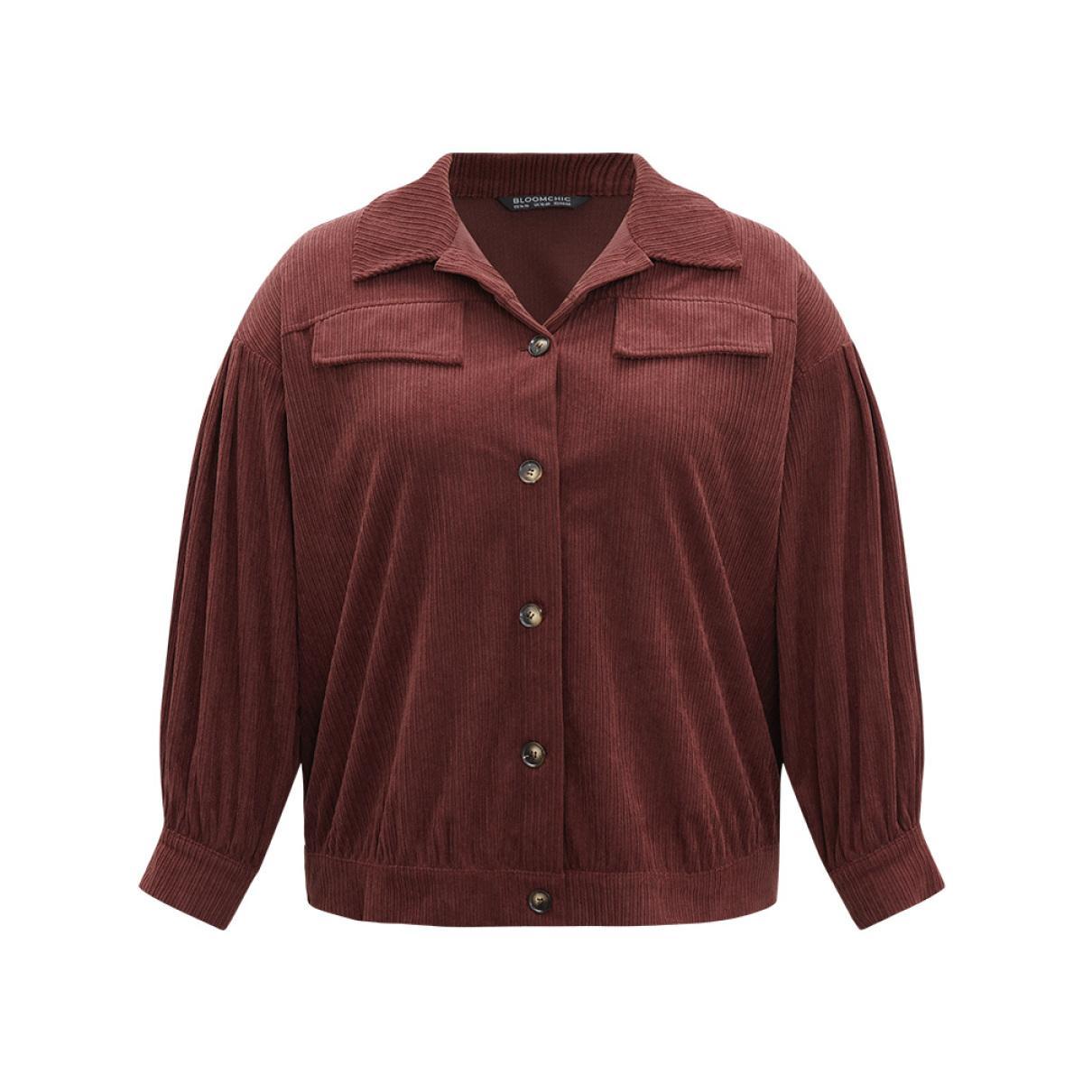 Plus Size Plain Texture Button Through Gathered Jacket Women Maroon Texture Dailywear Jackets BloomChic 14-16/1X Product Image