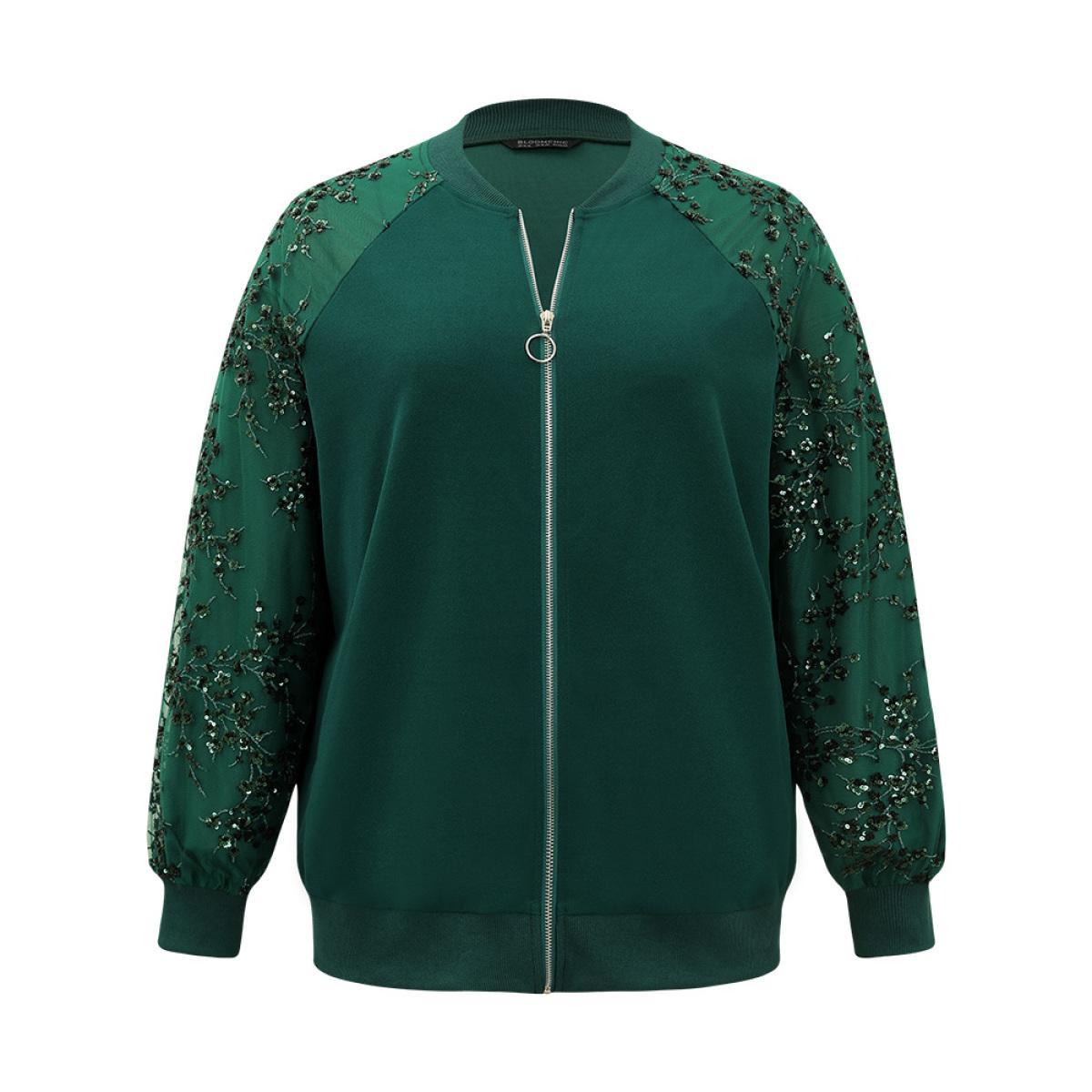 Plus Size Embroidered Patchwork Mesh Zipper Jacket Women Green Elastic cuffs Dailywear Jackets BloomChic 30/6X Product Image