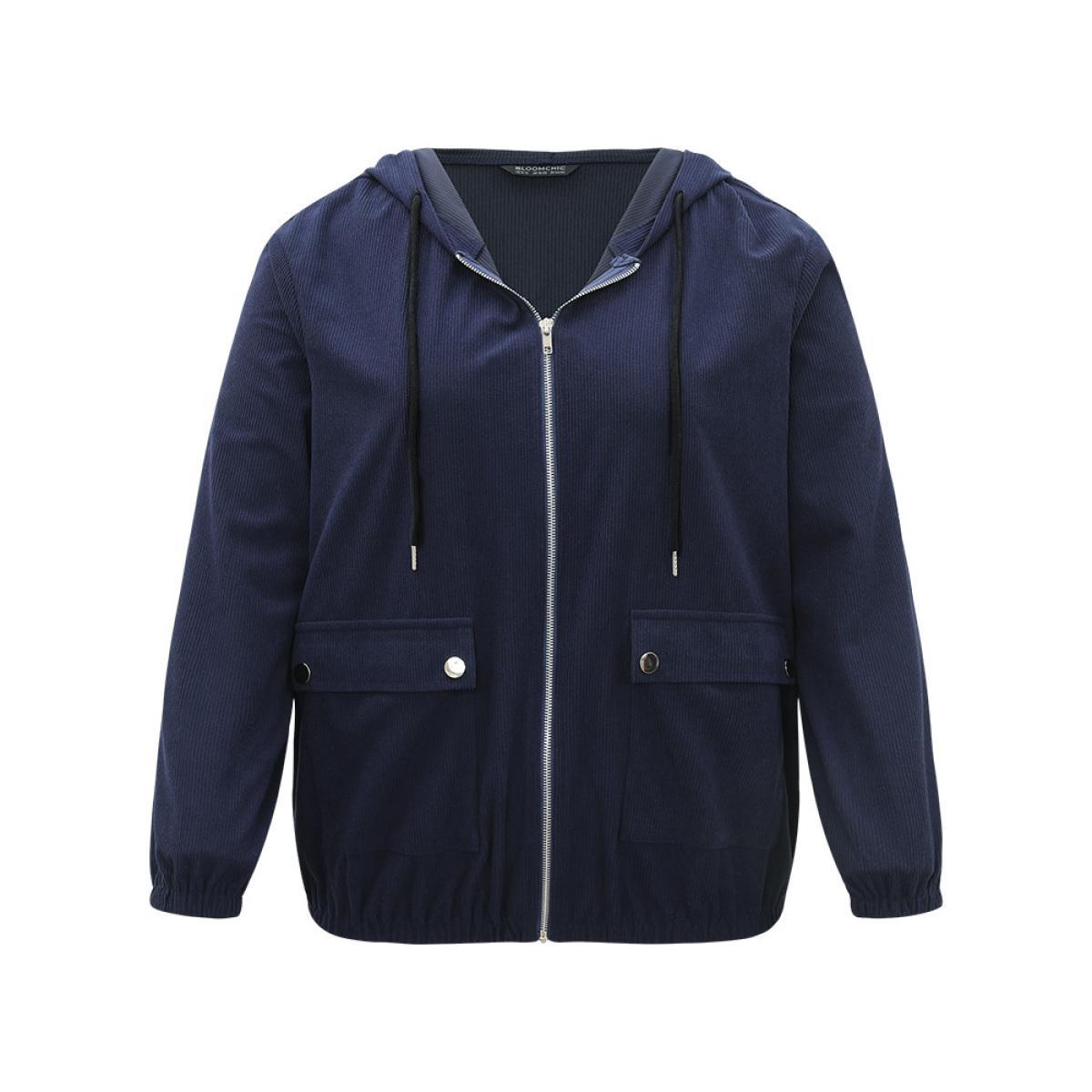 Plus Size Halloween Solid Flap Pocket Hooded Drawstring Jacket Women Indigo Texture Loose Pocket Dailywear Jackets BloomChic 26/4X Product Image