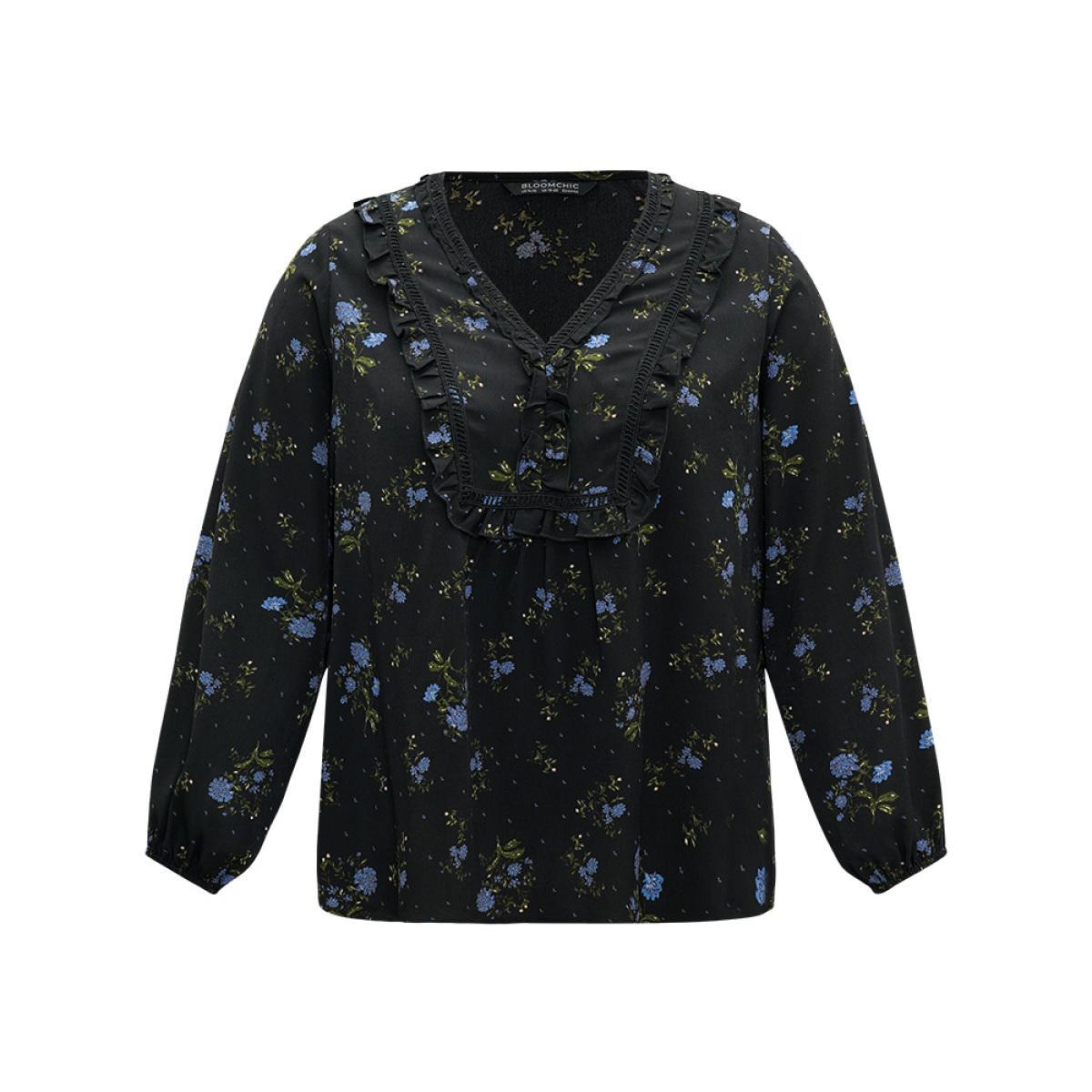 Plus Size Black Ditsy Floral Lantern Sleeve Frill Trim Blouse Women Elegant Long Sleeve V-neck Dailywear Blouses BloomChic 26/4X Product Image